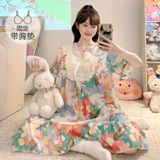 批发云朵<b class='q'>棉</b><b class='q'>睡衣</b>女夏季公主风带胸垫短袖中长睡裙大码220斤胖MM家居服
