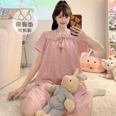 批发云朵<b class='q'>棉</b><b class='q'>睡衣</b>女夏季公主风带胸垫短袖中长睡裙大码220斤胖MM家居服
