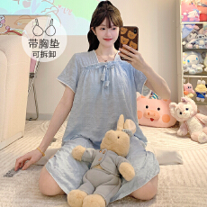 批发云朵<b class='q'>棉</b><b class='q'>睡衣</b>女夏季公主风带胸垫短袖中长睡裙大码220斤胖MM家居服