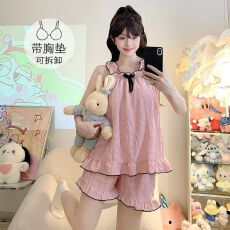 批发云朵<b class='q'>棉</b><b class='q'>睡衣</b>女夏季公主风带胸垫吊带短裤加肥大码220斤胖MM家居服