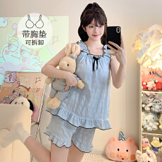 批发云朵<b class='q'>棉</b><b class='q'>睡衣</b>女夏季公主风带胸垫吊带短裤加肥大码220斤胖MM家居服