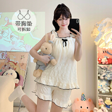 批发云朵<b class='q'>棉</b><b class='q'>睡衣</b>女夏季公主风带胸垫吊带短裤加肥大码220斤胖MM家居服