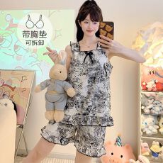 批发云朵<b class='q'>棉</b><b class='q'>睡衣</b>女夏季韩系水墨画带胸垫吊带短裤大码220斤胖MM家居服