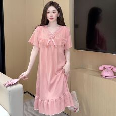 批发6535提花<b class='q'>睡衣</b>少女夏季公主风<b class='q'>短袖</b>中长睡裙大码220斤胖M家居服外穿