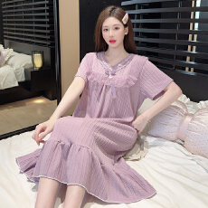 批发6535提花<b class='q'>睡衣</b>少女夏季公主风<b class='q'>短袖</b>中长睡裙大码220斤胖M家居服外穿