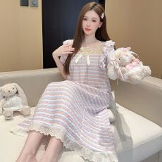 批发色织条纹<b class='q'>睡衣</b>少女夏季公主风条纹<b class='q'>短袖</b>中长睡裙大码220斤胖M家居服