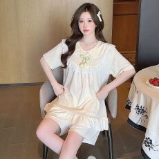 批发6535提花<b class='q'>睡衣</b>女夏季甜美公主风<b class='q'>短袖</b>短裤加肥大码220斤家居服外穿