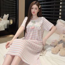 批发色织条纹<b class='q'>睡衣</b>少女夏季公主风条纹<b class='q'>短袖</b>中长睡裙大码220斤胖M家居服