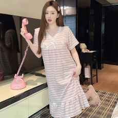 批发色织条纹<b class='q'>睡衣</b>少女夏季公主风条纹<b class='q'>短袖</b>中长睡裙大码220斤胖M家居服