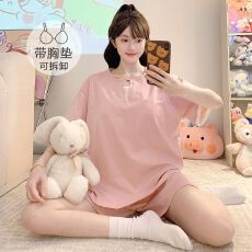 批发纯棉拉架睡衣女夏季休闲带胸垫短袖短裤加大码220斤家居服可外穿