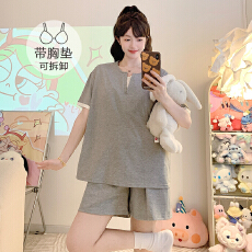 批发纯棉拉架睡衣女夏季休闲带胸垫短袖短裤加大码220斤家居服可外穿