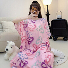 弹力条纹睡衣女夏季休闲卡通短袖中长宽松睡裙加大码300斤家居服