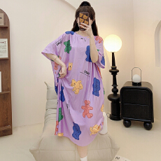 弹力条纹睡衣女夏季休闲卡通短袖中长宽松睡裙加大码300斤家居服