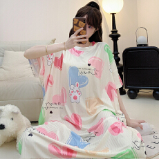 弹力条纹睡衣女夏季休闲卡通短袖中长宽松睡裙加大码300斤家居服