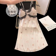 批发冰丝<b class='q'>夏季</b>甜美小性感带胸垫吊带中长宽松睡裙气质家居服网红可外穿