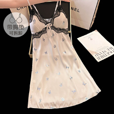 批发冰丝<b class='q'>夏季</b>甜美小性感带胸垫吊带中长宽松睡裙气质家居服网红可外穿