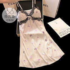 批发冰丝<b class='q'>夏季</b>甜美小性感带胸垫吊带中长宽松睡裙气质家居服网红可外穿