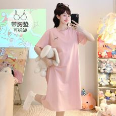 批发莫代尔<b class='q'>睡衣</b>少女夏季休闲风带胸垫短袖中长睡裙加<b class='q'>大码</b>220斤家居服
