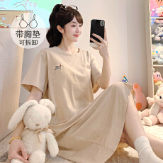 批发莫代尔<b class='q'>睡衣</b>少女夏季休闲风带胸垫短袖中长睡裙加<b class='q'>大码</b>220斤家居服