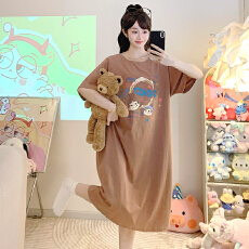 纯棉睡衣少女夏季休闲风短袖中长宽松睡裙加大码230斤胖MM家居服