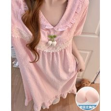 批发<b class='q'>夏</b>季新款梭织提花云朵棉短袖睡裙女带胸垫公主风家居服长裙可外穿