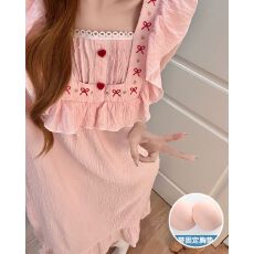 批发<b class='q'>夏</b>季新款梭织提花云朵棉短袖睡裙女带胸垫公主风家居服长裙可外穿