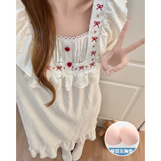 批发<b class='q'>夏</b>季新款梭织提花云朵棉短袖睡裙女带胸垫公主风家居服长裙可外穿