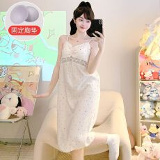 批发大码云朵棉睡衣女<b class='q'>夏</b>季甜美带胸垫吊带中长睡裙加肥220斤家居服