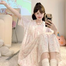 批发M-5XL云朵棉睡衣女夏季甜美公主风短袖中长睡裙加<b class='q'>大码</b>250斤家居服