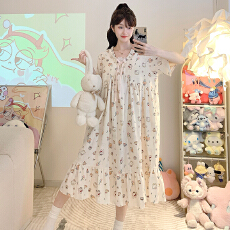 批发M-5XL云朵棉睡衣女夏季甜美公主风短袖中长睡裙加<b class='q'>大码</b>250斤家居服