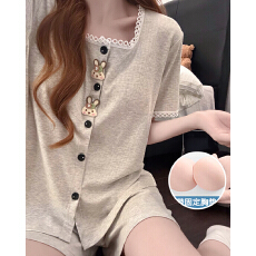 批发夏季新款睡衣女<b class='q'>针织</b>彩棉<b class='q'>条纹</b>甜美少女带胸垫短袖家居服套装可外穿