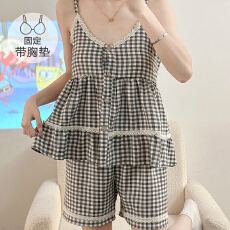 批发M-5XL云朵棉睡衣女夏季甜美带胸垫格子吊带短裤<b class='q'>加肥</b>大码胖M家居服