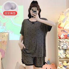 批发M-5XL 人棉莫代尔睡衣女夏季带胸垫短袖短<b class='q'>裤</b>套装加大220斤家居服