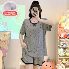 批发M-5XL 人棉莫代尔睡衣女夏季带胸垫短袖短<b class='q'>裤</b>套装加大220斤家居服