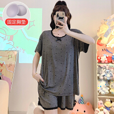 批发M-5XL 人棉莫代尔睡衣女夏季带胸垫短袖短<b class='q'>裤</b>套装加大220斤家居服