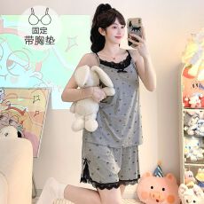 批发M-5XL<b class='q'>莫代尔</b><b class='q'>睡衣</b>女夏季甜美带胸垫吊带短裤加大码220斤胖M家居服