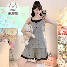 批发M-5XL<b class='q'>莫代尔</b><b class='q'>睡衣</b>女夏季甜美带胸垫吊带短裤加大码220斤胖M家居服