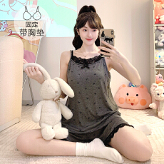 批发M-5XL<b class='q'>莫代尔</b><b class='q'>睡衣</b>女夏季甜美带胸垫吊带短裤加大码220斤胖M家居服