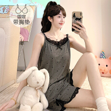 批发M-5XL<b class='q'>莫代尔</b><b class='q'>睡衣</b>女夏季甜美带胸垫吊带短裤加大码220斤胖M家居服