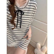 批发色织条纹睡衣女夏季短袖<b class='q'>短裤</b>带胸垫休闲家居服<b class='q'>套装</b>可外穿