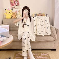 批发夏季新款<b class='q'>睡衣</b>女梭织云朵棉短袖开衫卡通翻领三件套家居服套装外穿