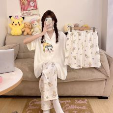 批发夏季新款<b class='q'>睡衣</b>女梭织云朵棉短袖开衫卡通翻领三件套家居服套装外穿