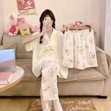 批发夏季新款<b class='q'>睡衣</b>女梭织云朵棉短袖开衫卡通翻领三件套家居服套装外穿