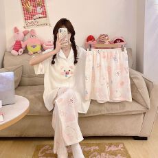 批发夏季新款<b class='q'>睡衣</b>女梭织云朵棉短袖开衫卡通翻领三件套家居服套装外穿