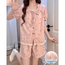 批发夏季新款睡衣女梭织云朵棉带胸垫开衫公主风<b class='q'>短</b>袖<b class='q'>短</b>裤套装可外穿