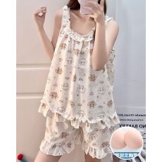 批发夏季新款睡衣女带胸垫梭织云朵棉背心<b class='q'>短</b>裤甜美家居服套装可外穿