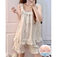 批发夏季新款睡衣女带胸垫梭织云朵棉背心<b class='q'>短</b>裤甜美家居服套装可外穿