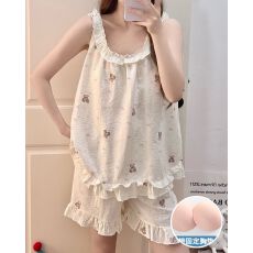 批发夏季新款睡衣女带胸垫梭织云朵棉背心<b class='q'>短</b>裤甜美家居服套装可外穿