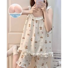 批发夏季新款睡衣女带胸垫梭织云朵棉背心<b class='q'>短</b>裤甜美家居服套装可外穿