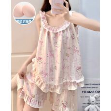 夏季新款睡衣女带胸垫梭织云朵棉背心短裤甜美家居服套装可外穿
